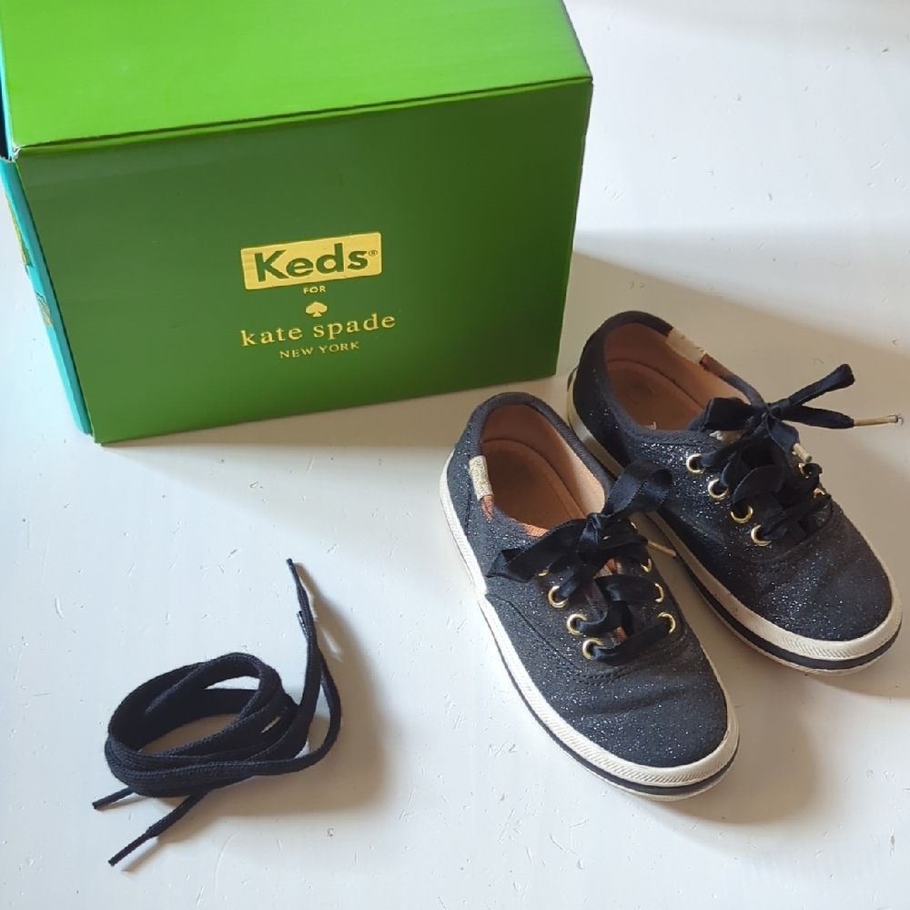 Kate Spade For Keds Toddler Black Glitter Sneakers Ribbon Laces 8